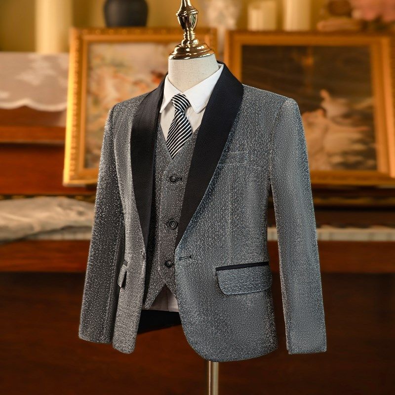 男童西装套装舞台晚会演出主持人礼服儿童灰亮片钢琴西服套装花童