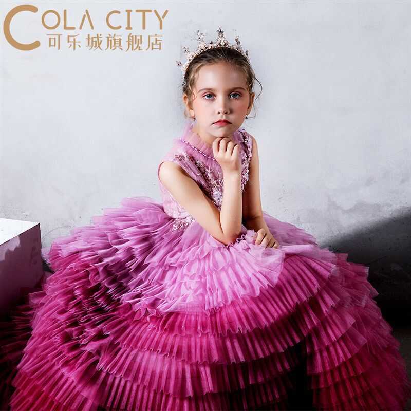 儿童礼服女童公主裙拖尾高端秋冬新款粉色礼服T台走秀钢琴演出服