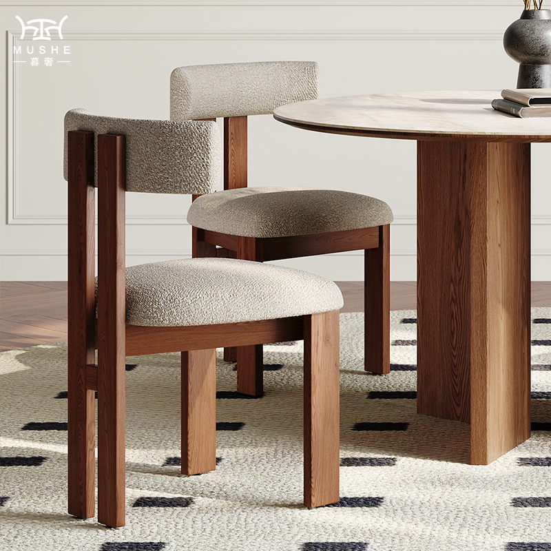 暮奢法式复古羊羔绒实木靠背椅子侘寂风家用设计师餐椅