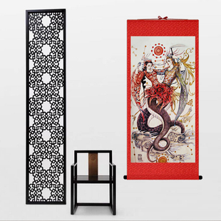 女娲伏羲合体图挂画客厅手工装裱传统仿古国画装饰丝绸卷轴非宣纸