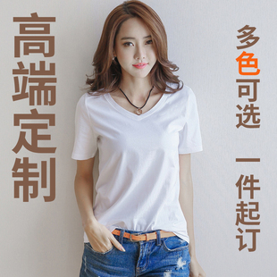 定制短袖 宽松棉工作服鸡心体订做印字logo照片图 V领t恤男女情侣装