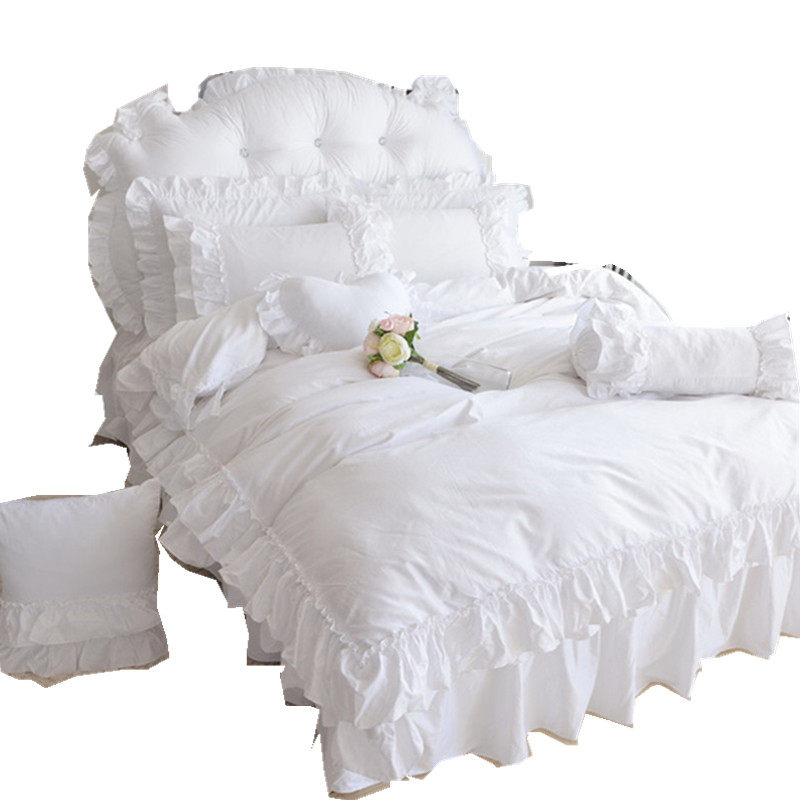 韩式四件套全棉纯白色贡缎公主风床单纯棉被套1.8m床裙式床上用品