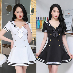 2020新气质显瘦短裙美容院性感V领低胸制服女装 足浴技师服连衣裙