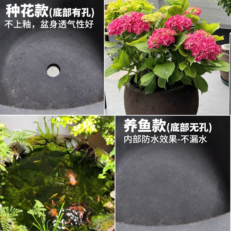 特大紫砂金鱼缸荷花盆 黑色无釉紫砂花盆庭院用 手工紫砂睡莲花盆