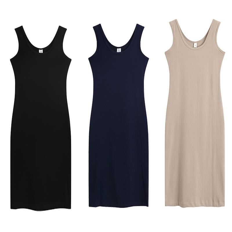 中长款纯棉吊带背心裙女夏季外穿修身显腰内搭黑色无袖打底包臀裙