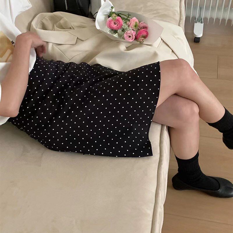 复古红色波点半身裙女春夏大码高腰显瘦a字中裙防走光遮跨大摆裙