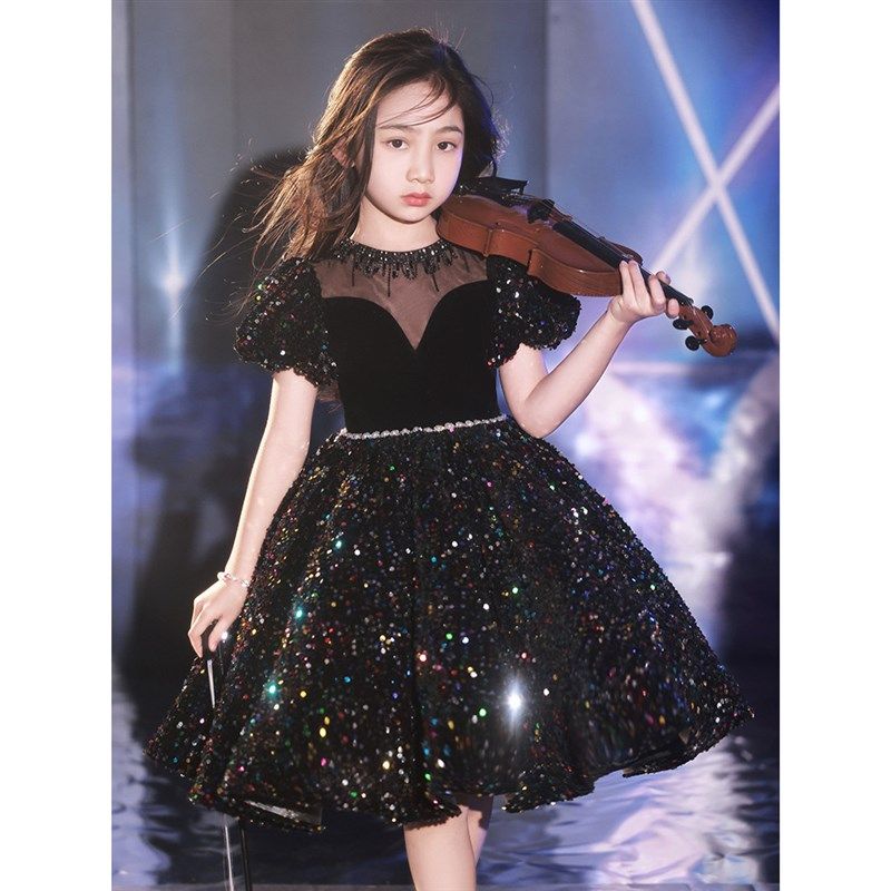 黑色晚礼服女童高端公主裙儿童朗诵主持人小提琴钢琴演奏表演出服