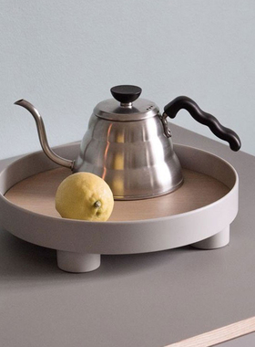 北欧丹麦风灰色圆形托盘收纳果盘样板房茶几桌面装饰盘子摆件塑料