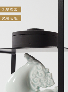 新中式铁艺毛笔架陶瓷马摆件样板房客厅书房茶室文房售楼处装饰品