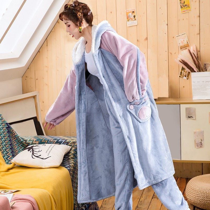 睡衣女秋冬加厚珊瑚绒女士甜美长款加绒冬季长袍可爱睡裙女冬睡袍