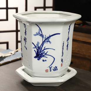 景德镇青花瓷陶瓷手绘花盆六角兰花钵专用盆文竹芦苇新中式带托盘