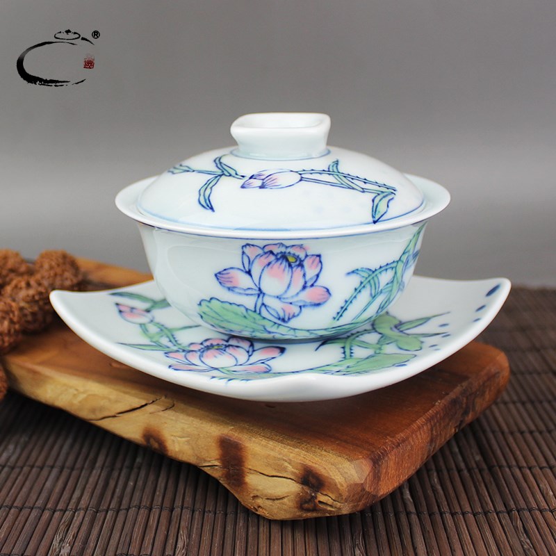 贵和祥特惠手绘彩荷盖碗景德镇陶瓷功夫茶具泡茶茶杯中式中号三才
