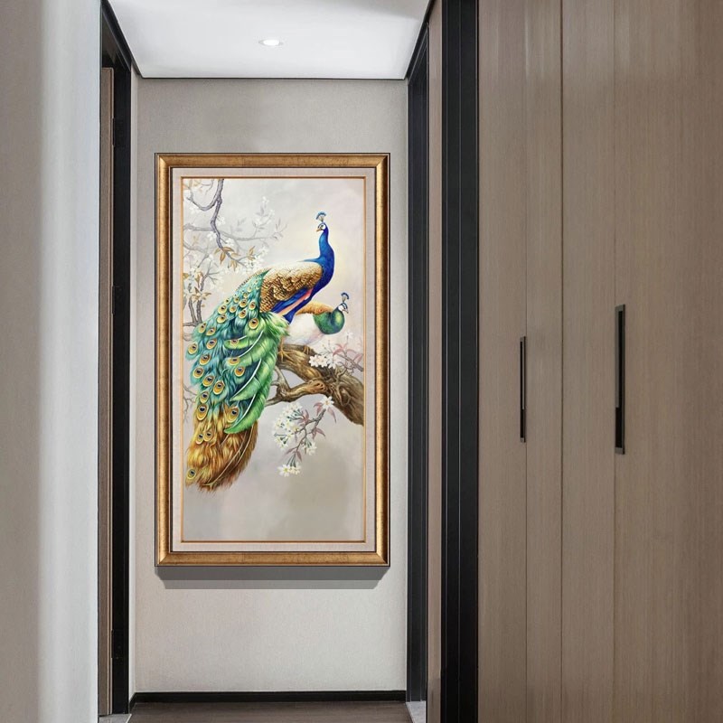 网红玄关装饰画竖版壁画新品玄幻走廊挂画孔雀轻奢过道墙面画美式