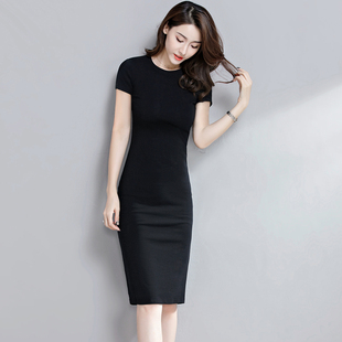 短袖连衣裙夏季紧身长裙黑色高级感气质收腰显瘦中长款打底裙修身