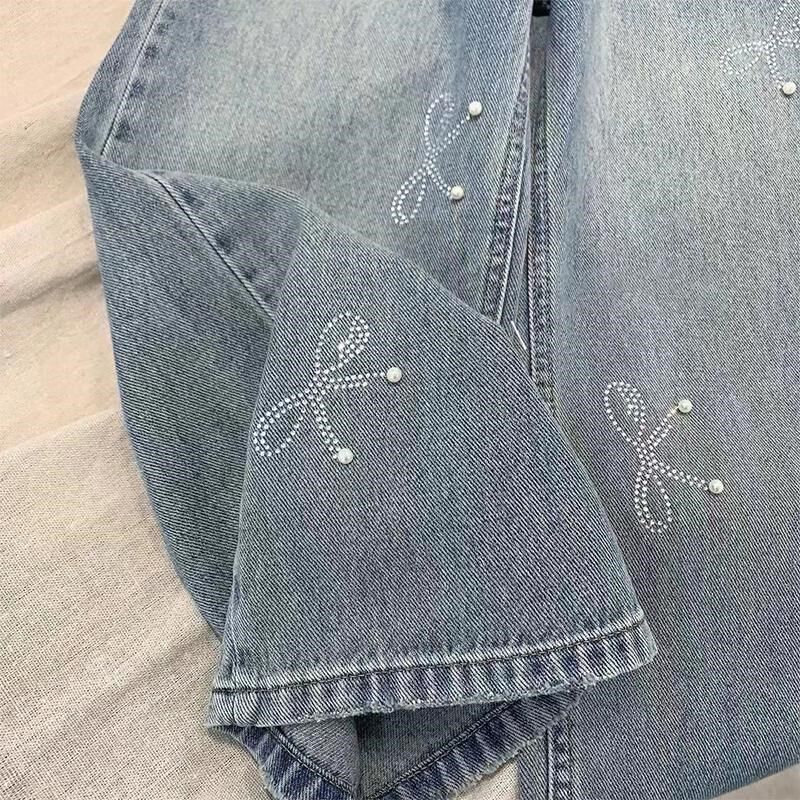 女童牛仔裤春秋2025新款儿童子珍珠水钻蝴蝶直筒阔腿窄版大童长裤