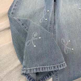 女童牛仔裤春秋2025新款儿童子珍珠水钻蝴蝶直筒阔腿窄版大童长裤