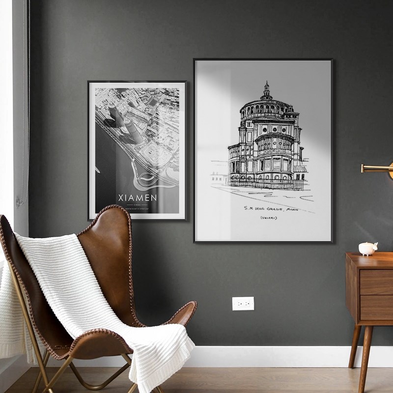 定做美式装饰画素描挂画现代简约客厅沙发背景墙画梁思成建筑速写图片