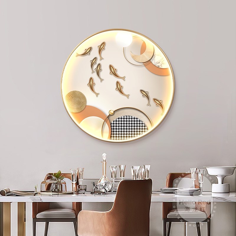 定做九鱼图氛围轻奢玄关装饰画发光高端餐厅客厅过道灯画现代圆形图片