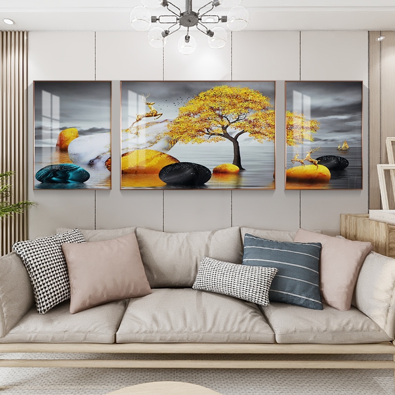 定做金属高档装饰画现代轻奢晶瓷三联画立体风景框沙发新中式客厅图片