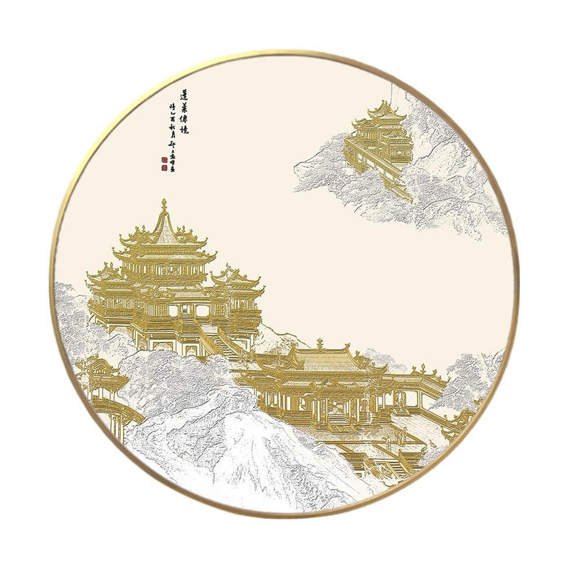 定做新中式玄关装饰画走廊风景立体客厅挂画带灯肌理壁画过道圆形图片