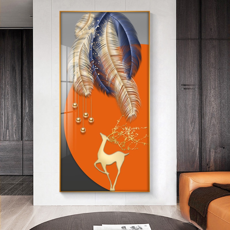 定做爱马橙色玄关装饰画现代北欧壁画客厅楼梯鹿竖版羽毛入户走廊图片