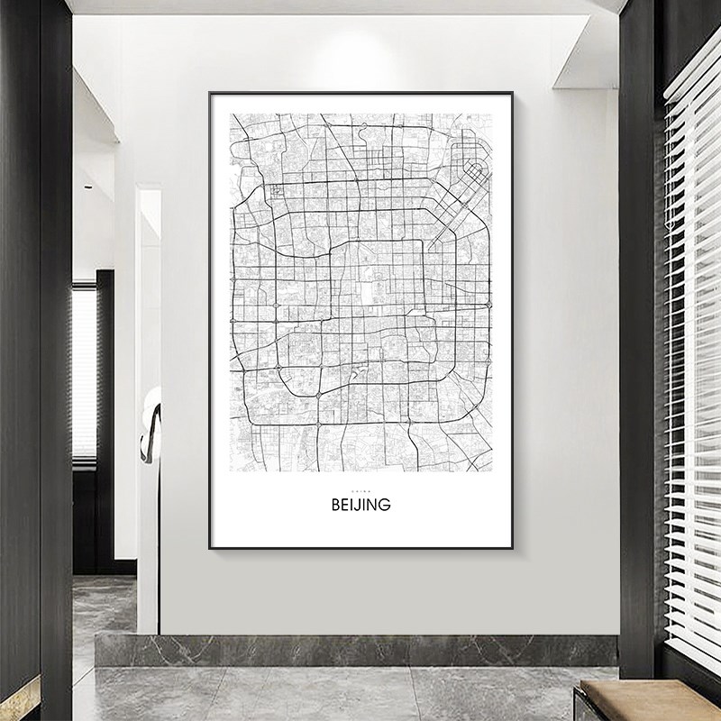 创意装饰画黑白线描上海北京城市玄关简约现代地图喷绘艺术壁网红图片