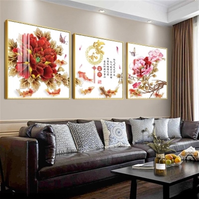 定做客厅沙发背景墙挂画竹报平安装饰画三联玻璃富贵九鱼图镶钻晶图片