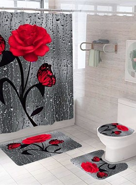 Rose Flowers Shower Curtain Bathroom Curtains Set Butterfly