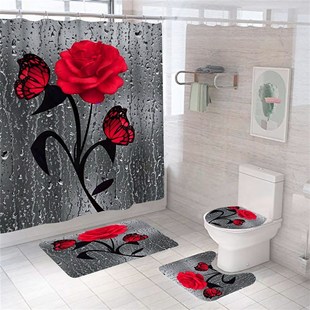 Rose Flowers Shower Curtain Bathroom Curtains Set Butterfly