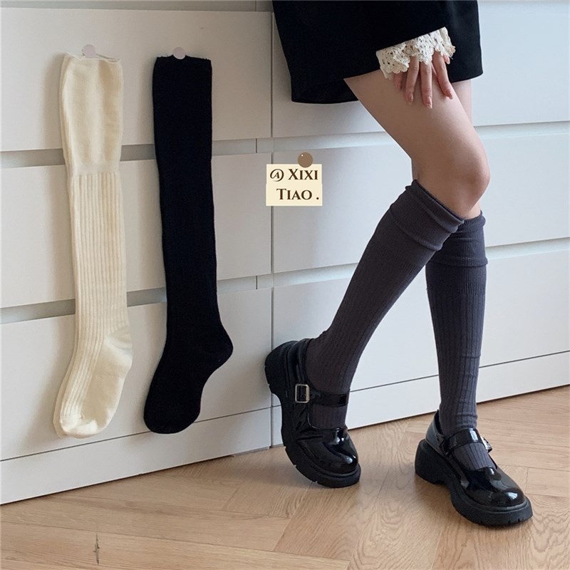 细细条 过膝袜女ins日系简约风秋冬百搭纯色jk显瘦大腿袜竖纹长袜