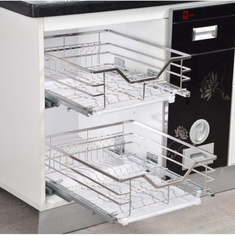 加深47橱柜厨房碗碟拉篮304不锈钢抽屉碗架小拉篮400柜体450阻尼