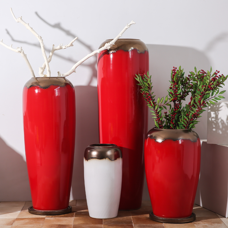 景德镇陶瓷落地大花瓶中式中国红色客厅插花摆件酒店开业别墅装饰