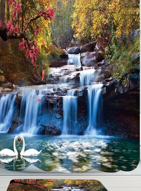 Swans Flowers Cascade Waterproof Shower Curtain Rug Set