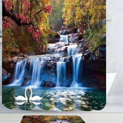 Swans Flowers Cascade Waterproof Shower Curtain Rug Set