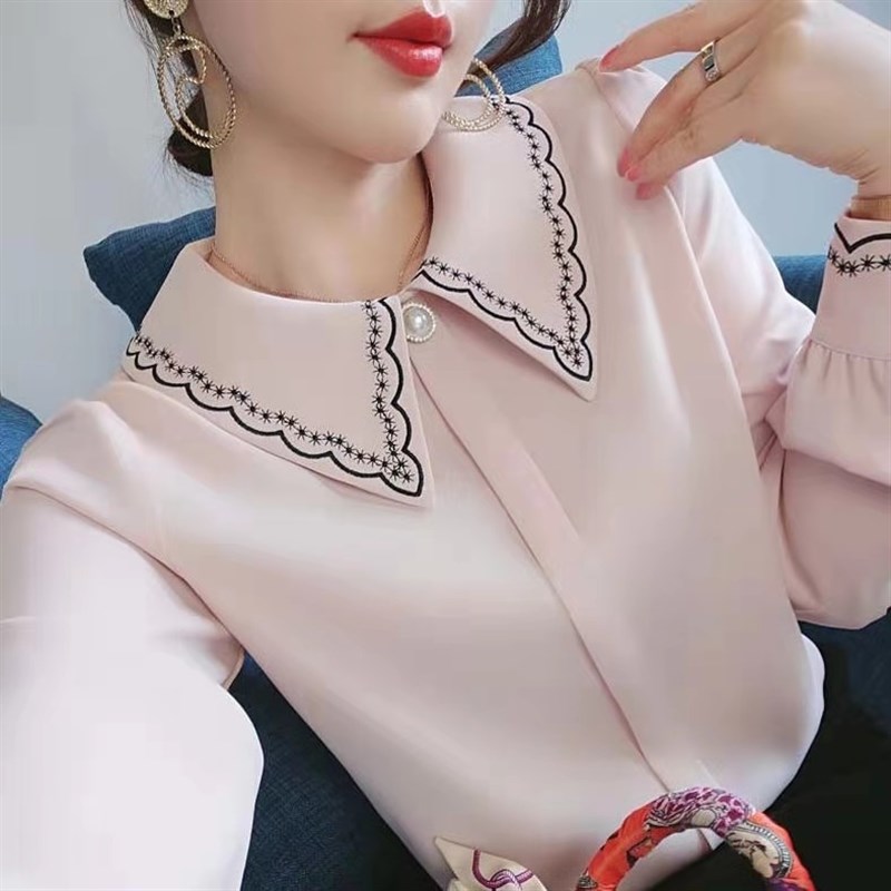 雪纺衬衫女春秋装2024年新款设计感白色打底衫女士娃娃领衬衣上衣