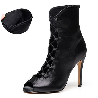 Ladies Silk Ballroom Latin Dance Boot Black Lace-up Bachata