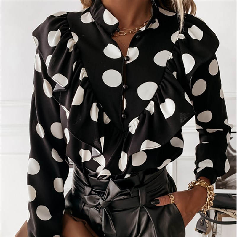 Women New Fashion Elegant V Neck Ruffle Dot Print Long Sleev