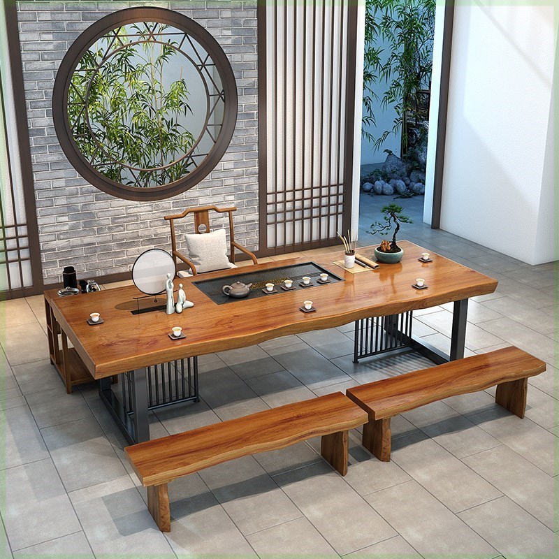 新中式实木茶桌椅组合会客厅原木禅意茶几商用铁艺长方形功夫茶台