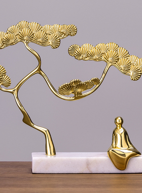 迎客松招财树摆件客厅纯铜松树新中式玄关酒柜装饰品乔迁新居礼品