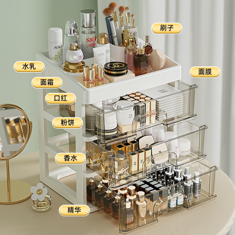 家用桌面透明化妆品收纳抽屉式分隔梳妆台口红护肤品整理盒置物架
