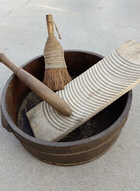 老家具民俗怀旧老物件复古展览摆件老式洗衣工具小椅子老木盆木桶