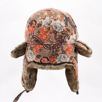 Women Winter Bomber Hat Floral Wool Fur Russian Ushanka Thic