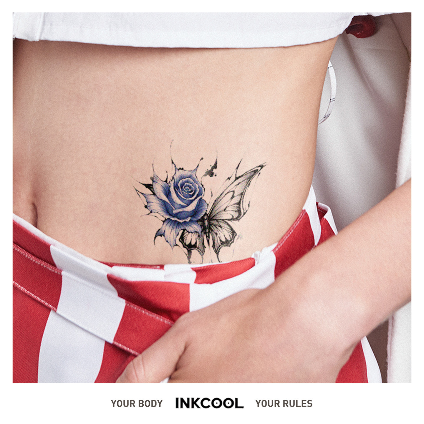 INKCOOL 蓝玫蝶纹身贴甜酷遮盖持久防水半永久性感彩色纹身贴套装