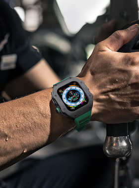 适用AppleWatch Ultra3碳纤维保护壳改装高级感S11/S10/S9一体表带iWatchUltra2表壳iWatch11/10苹果手表带男
