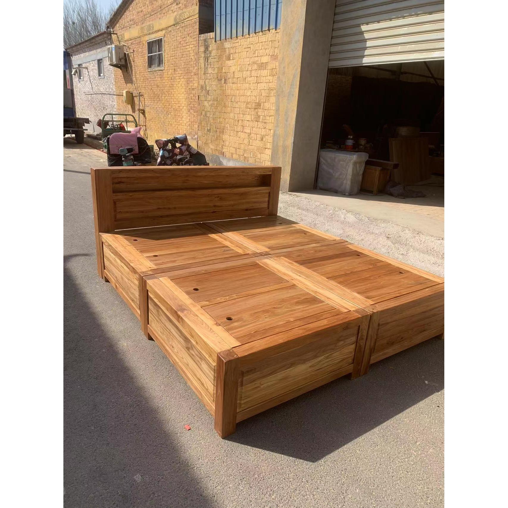 榆木床高箱储物床箱体床现代简约全实木床双人床老榆木床榻榻米床