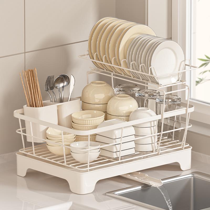 日式厨房沥水碗架碳钢碗碟收纳架 碗盘架置物架筷子筒双层