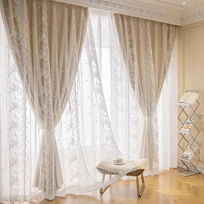 窗帘双层带纱布纱一体全遮光卧室ins风2025年新款奶茶色法式蕾丝
