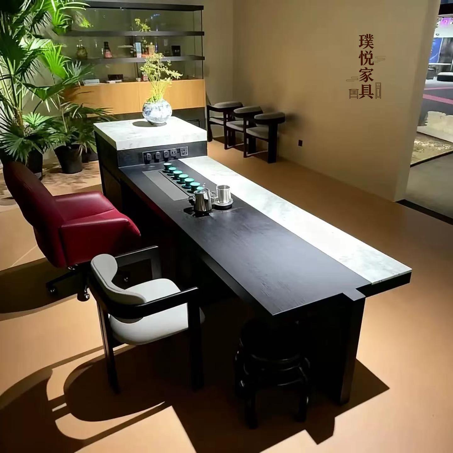 意式极简多功能茶桌椅组合现代高端黑胡桃木实木岩板办公室泡茶桌