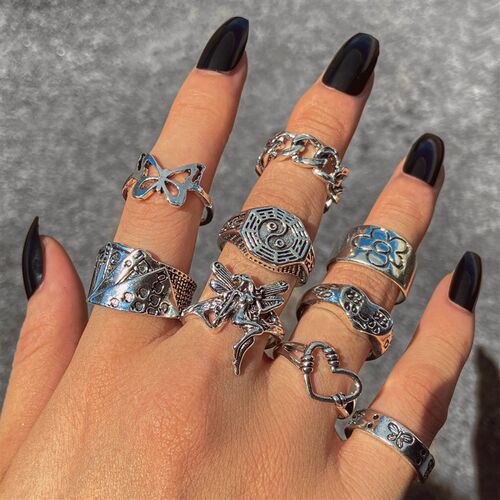 好货Hiphop Vintage Rings Set for Women Men Aesthatic Retro P