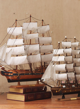 一帆风顺帆船模型摆件仿真实木船酒吧餐厅柜台装饰木质工艺船礼品